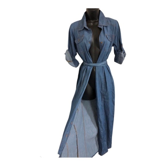 Dresses & Skirts - Blue denim fabric button front boho look belted dress size small brand new